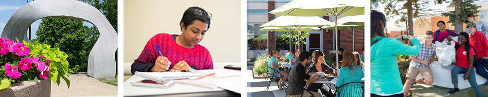 Collage of 4 photos of students and campus landmarks