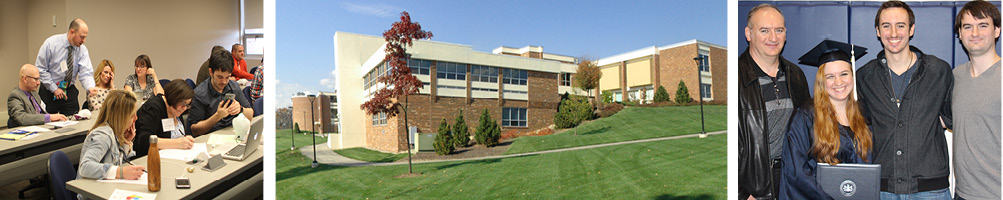 Photos of a classroom, the Continuing Education building and a graduate with her family