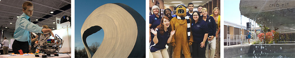 Collage of 4 photos of students and campus landmarks