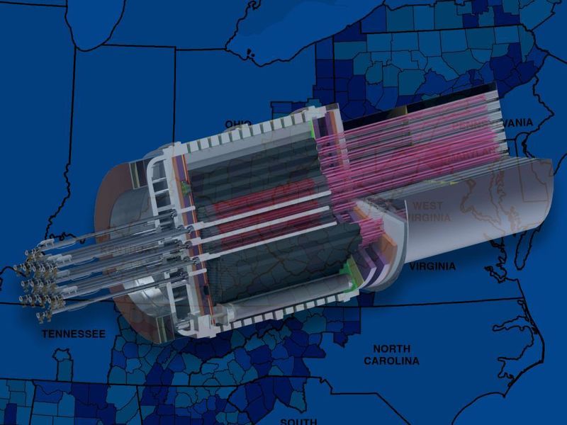 Illustration of micro reactor overlaying a map of the Midwest and Appalachia regions.