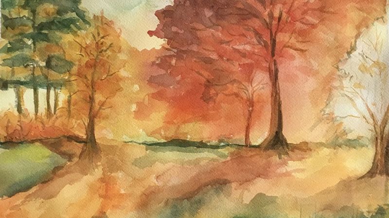 Watercolor painting of fall trees by Arlene Holtz