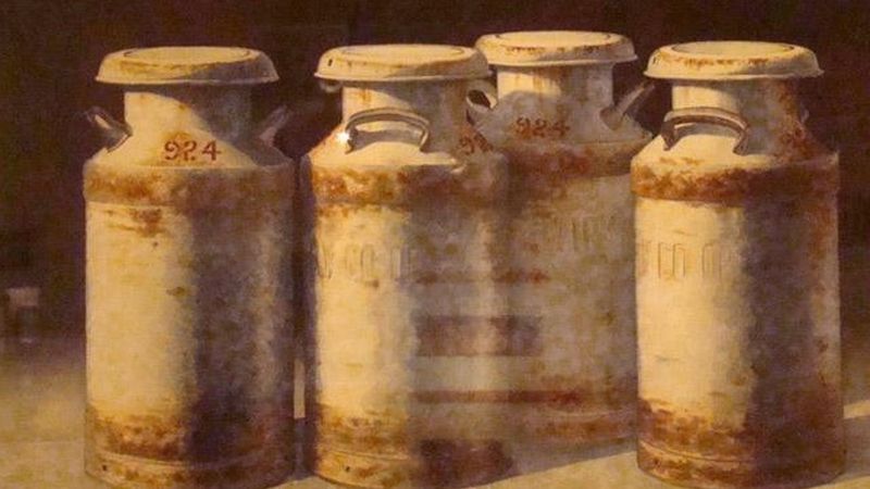 Watercolor painting of milk cans by J.D. Titzel