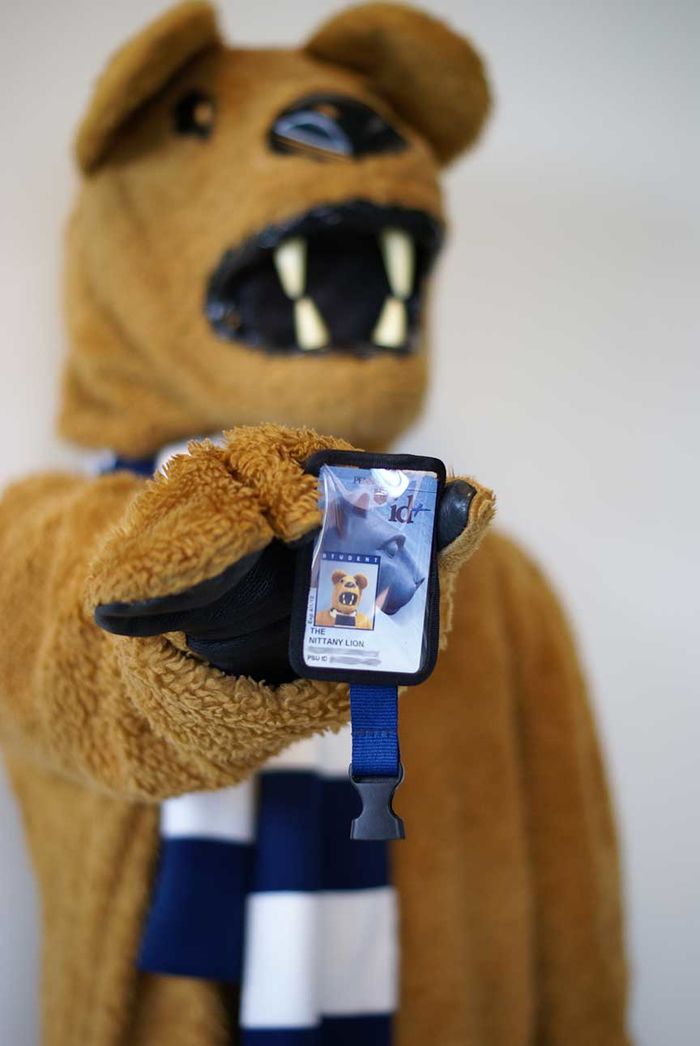 Nittany Lion mascot showing its id+ card