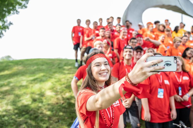 Students smile to take a selfie photo