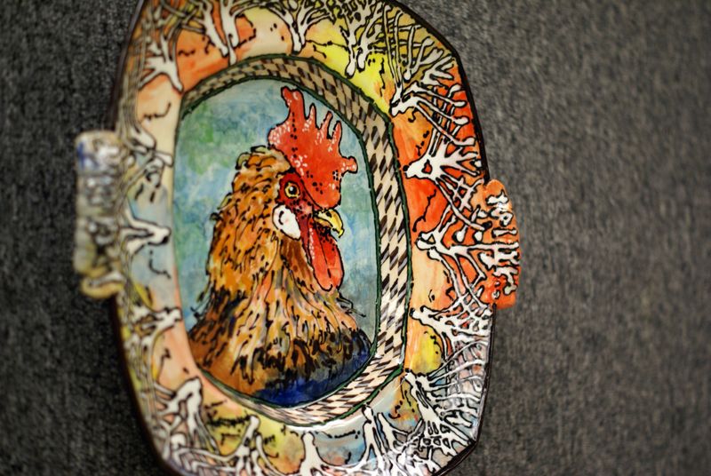 "Rooster" earthenware art piece by Ron Korczynski