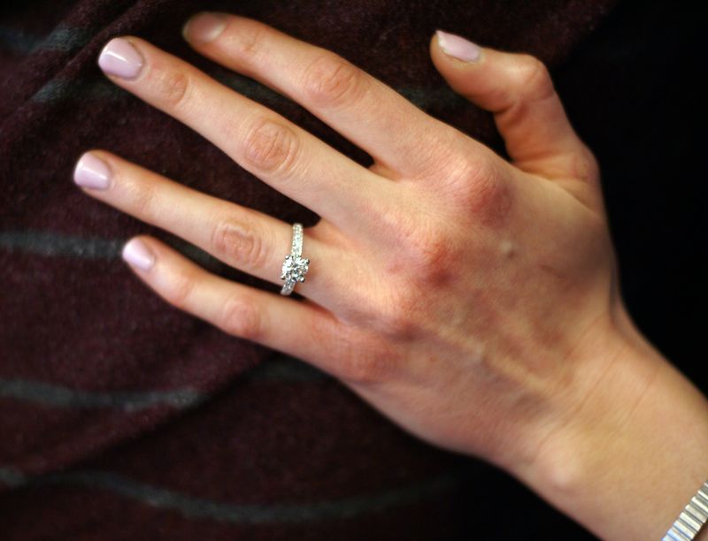 Close-up of Ashley Myerski's engagement ring