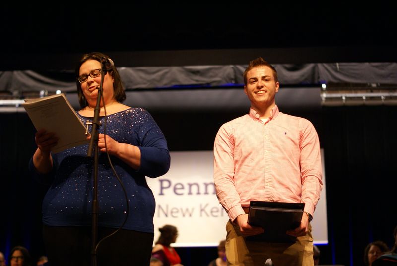 Vera Spina awards Dylan Hamilton with the 2018 Penn State New Kensington Alumni Society Spirit Award