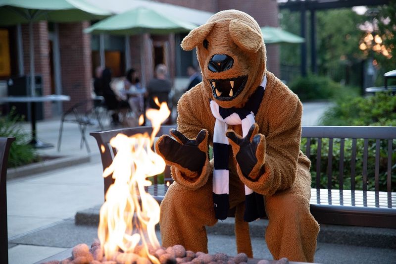 The Nittany Lion sits in Penn State New Kensington courtyard