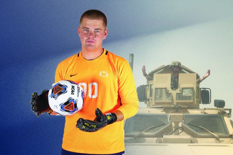 Collage of soccer player tossing ball and man in military tank Collage of soccer player tossing ball and man in military tank