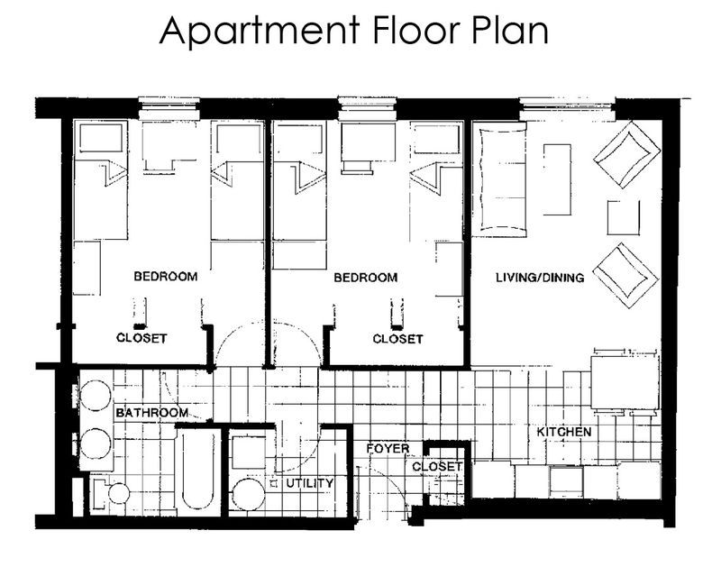 An apartment floor plan that shows two bedrooms, a living room, kitchen, bathroom, utility room, and foyer.
