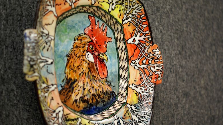 "Rooster" earthenware art piece by Ron Korczynski