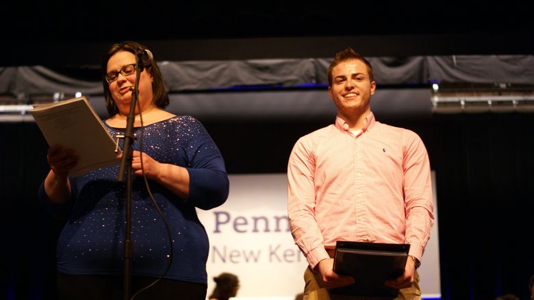 Vera Spina awards Dylan Hamilton with the 2018 Penn State New Kensington Alumni Society Spirit Award