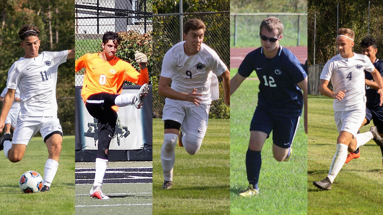 Collage of five soccer players on field