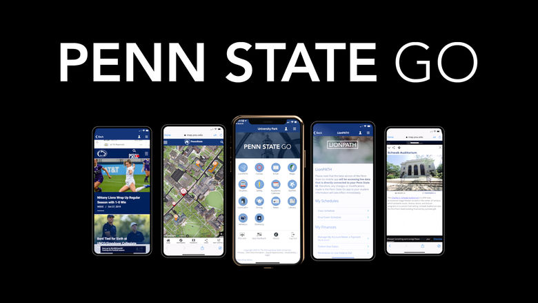 Screenshots of Penn State Go mobile app features on various mobile devices. 