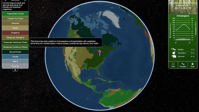 A screen shot of the biome viewer interactive map in use