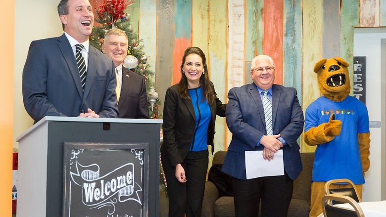 From left to right: Ted Kopas, Westmoreland County Commissioner;  Charles Anderson, Westmoreland County Commissioner; Gina Cerilli, Westmoreland County Commissioner;  Thomas Guzzo, Mayor, City of New Kensington;  Nittany Lion, Penn State University