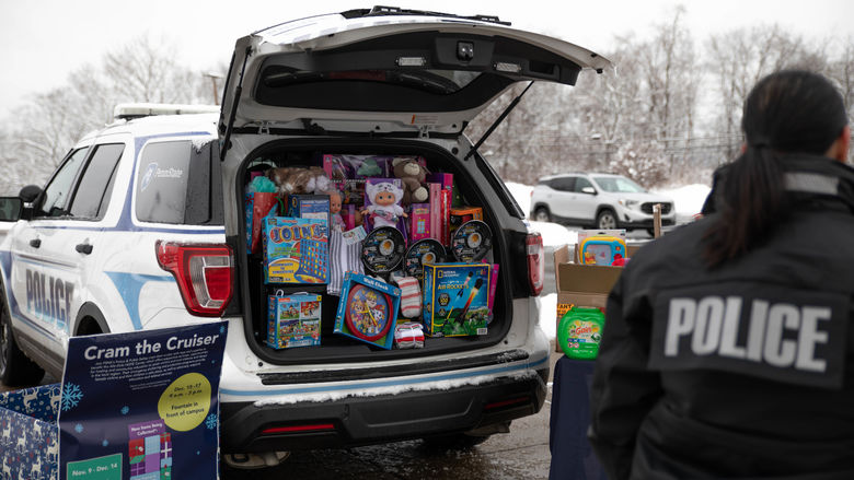 Police cruiser filled with gifts