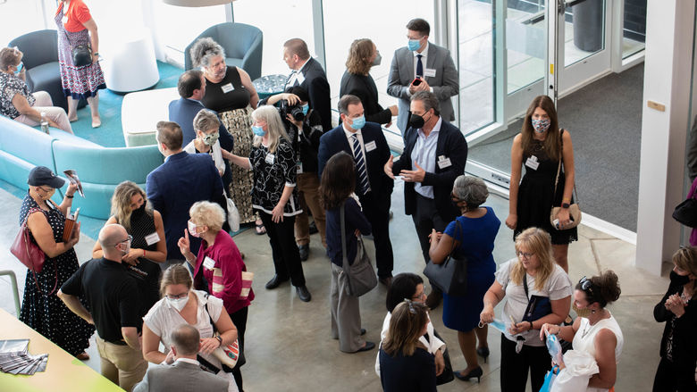 Group of people in lobby of building