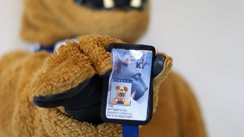 Nittany Lion mascot showing its id+ card