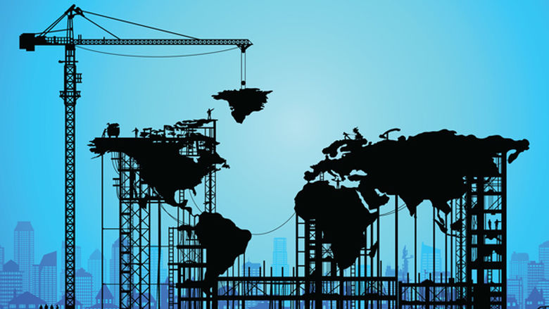 Illustration of a crane lifting the world map together on a blue background.
