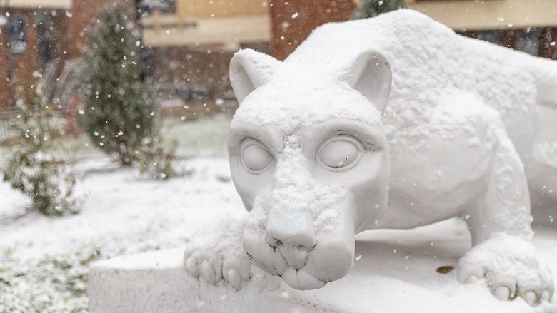 Lion Shrine Statue with Snow