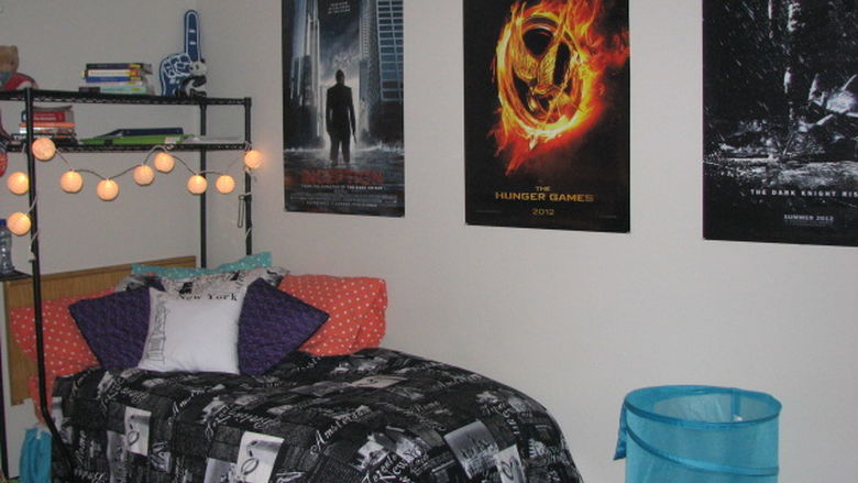 A bedroom with a bed and posters on the wall.