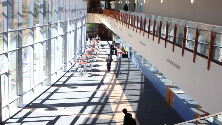 View of the first floor lobby of the Regional Learning Alliance, taken from the second floor