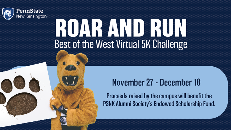 Lion mascot and text for Roar and Run Virtual 5K