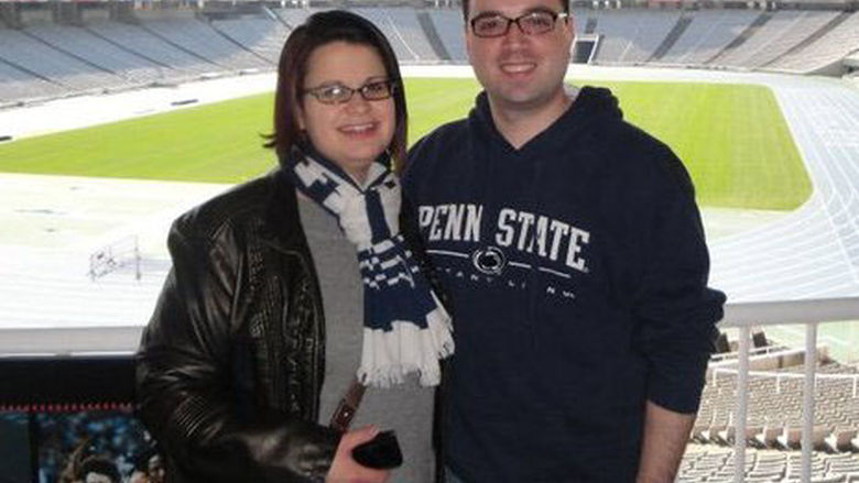 Vera and Jason in a stadium in Barcelona