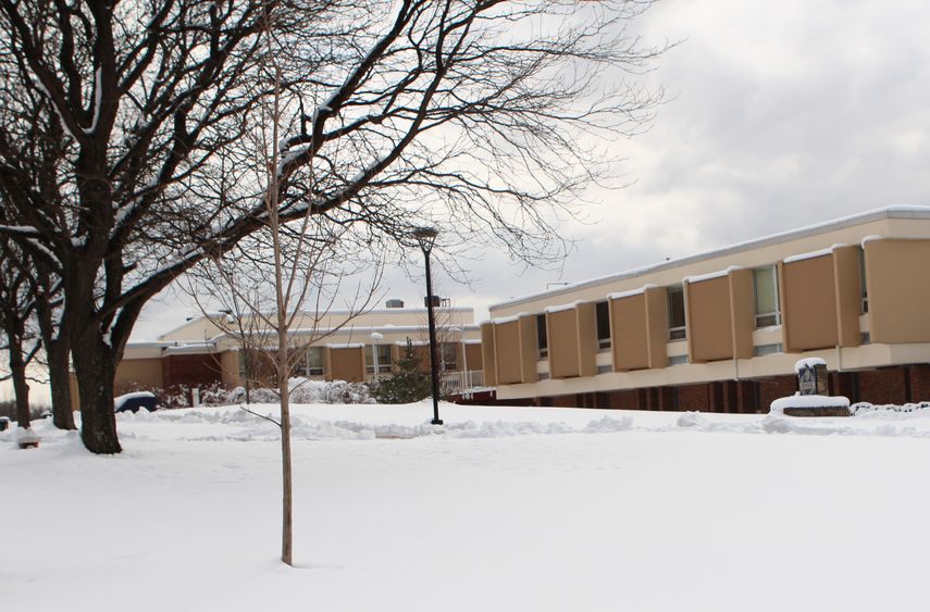 Campus building covered in snow Campus building