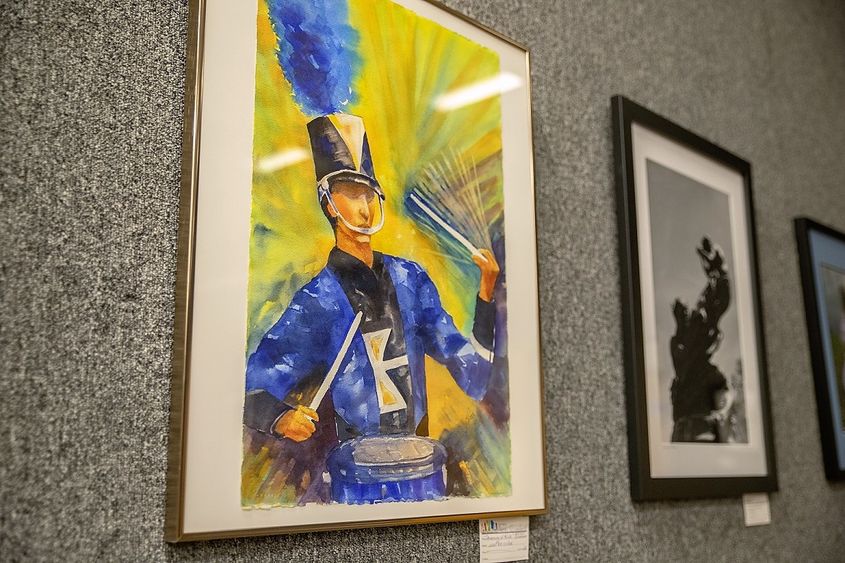 Watercolor painting of marching band drummer