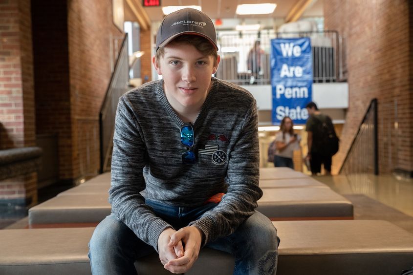 Mack Adams sits in lobby of New Kensington campus