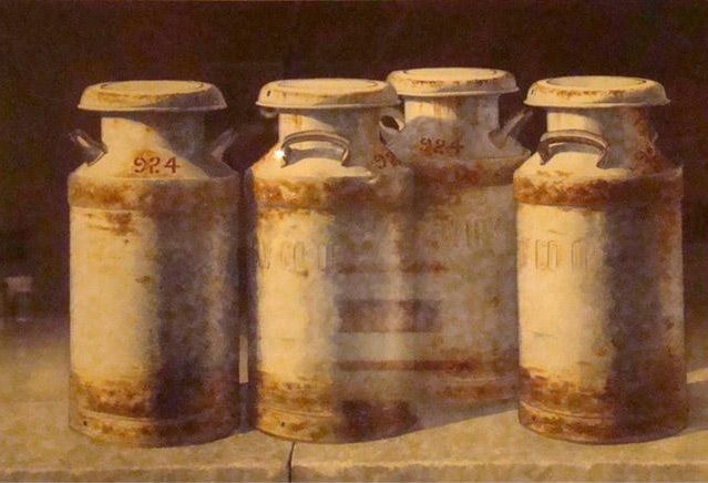 Watercolor painting of milk cans by J.D. Titzel
