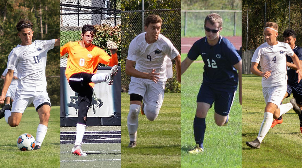 Collage of five soccer players on field