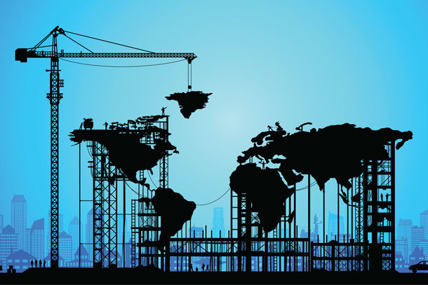 Illustration of a crane lifting the world map together on a blue background.