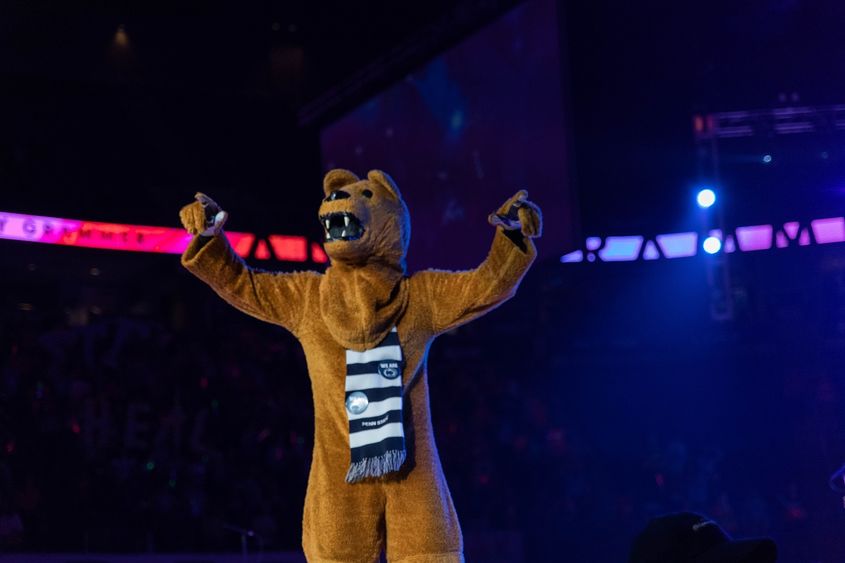Nittany Lion mascot on a stage Nittany Lion mascot on a stage