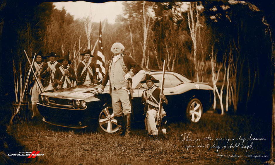 George Washingtom hawking a Dodge Founding Father selling car